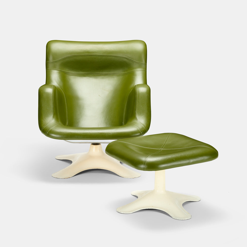 Yrjö Kukkapuro rare model Karuselli lounge chair with ottoman in green leather for Haimi, Finland, 1960s