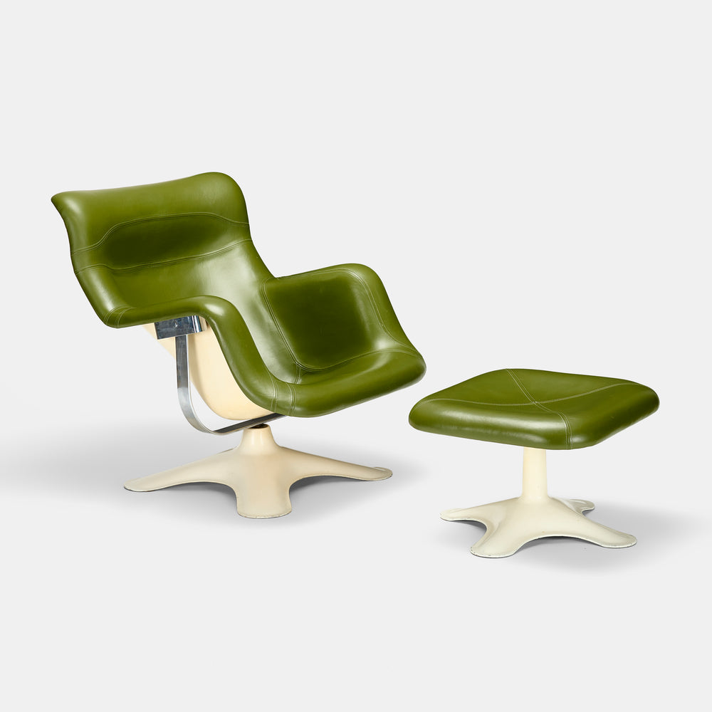 Yrjö Kukkapuro rare model Karuselli lounge chair with ottoman in green leather for Haimi, Finland, 1960s