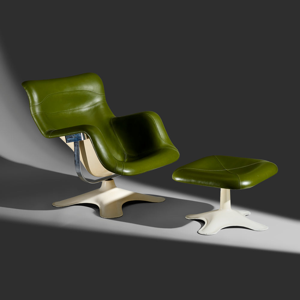 Yrjö Kukkapuro rare model Karuselli lounge chair with ottoman in green leather for Haimi, Finland, 1960s