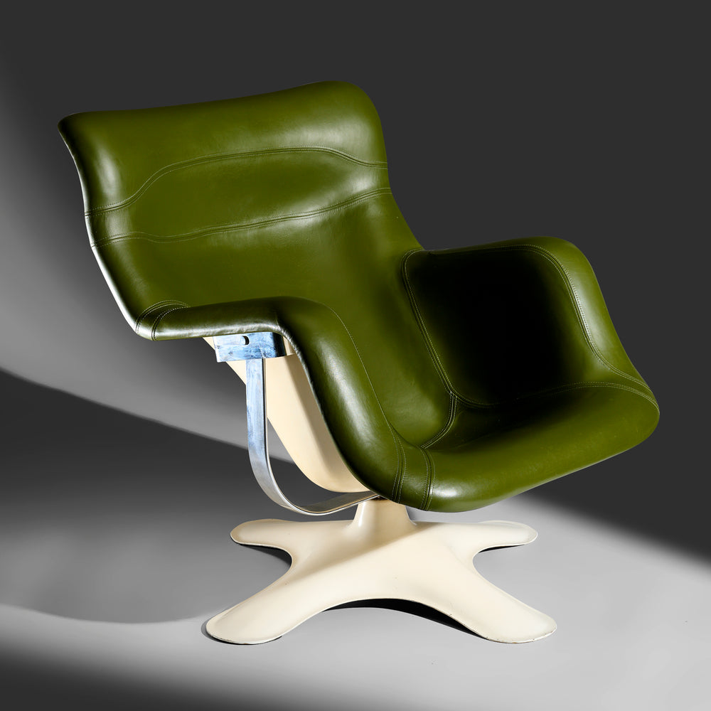 Yrjö Kukkapuro rare model Karuselli lounge chair with ottoman in green leather for Haimi, Finland, 1960s