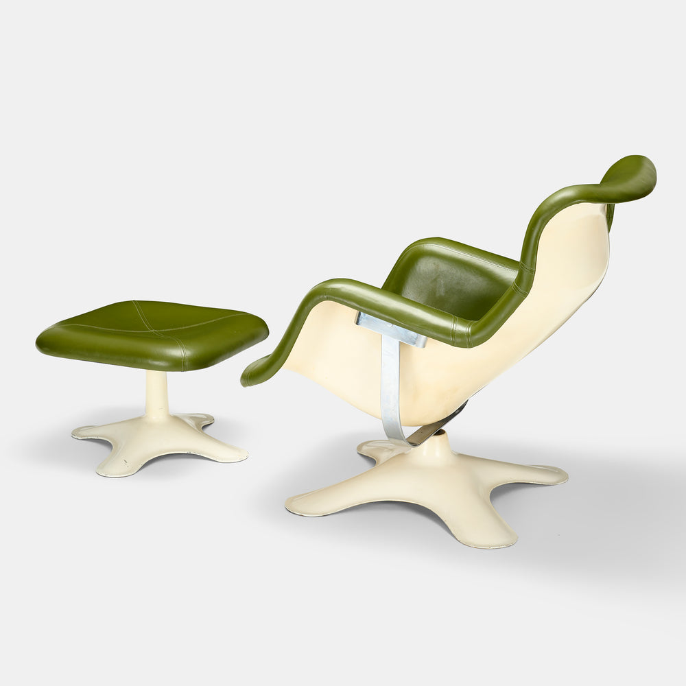 Yrjö Kukkapuro rare model Karuselli lounge chair with ottoman in green leather for Haimi, Finland, 1960s