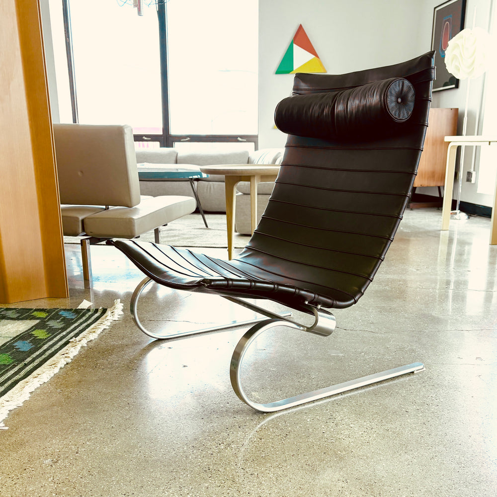Poul Kjaerholm model "PK 20" lounge chair in chocolate brown leather for Fritz Hansen, Denmark circa 1990s.