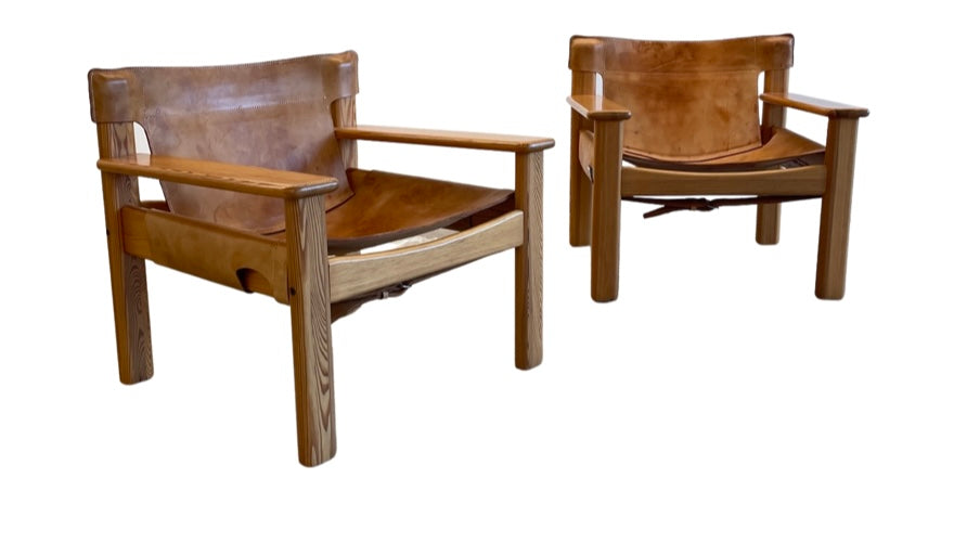 Karin Mobring pair of leather and pine “Natura” lounge chairs, Sweden, 1970s