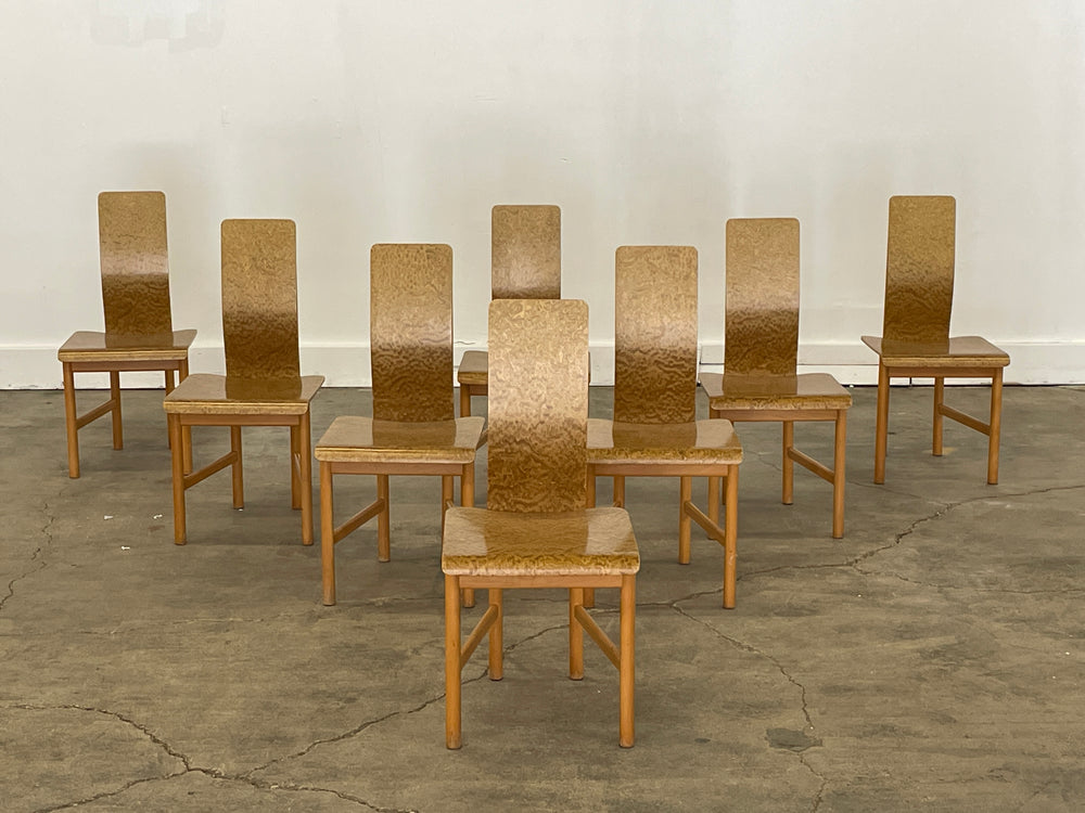 Enzo Mari rare set of eight “Vela” burlwood dining chairs for Driade, Italy circa 1977