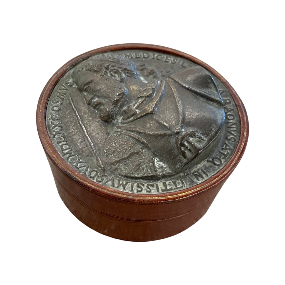 Italian leather box with oversized bronze inset coin